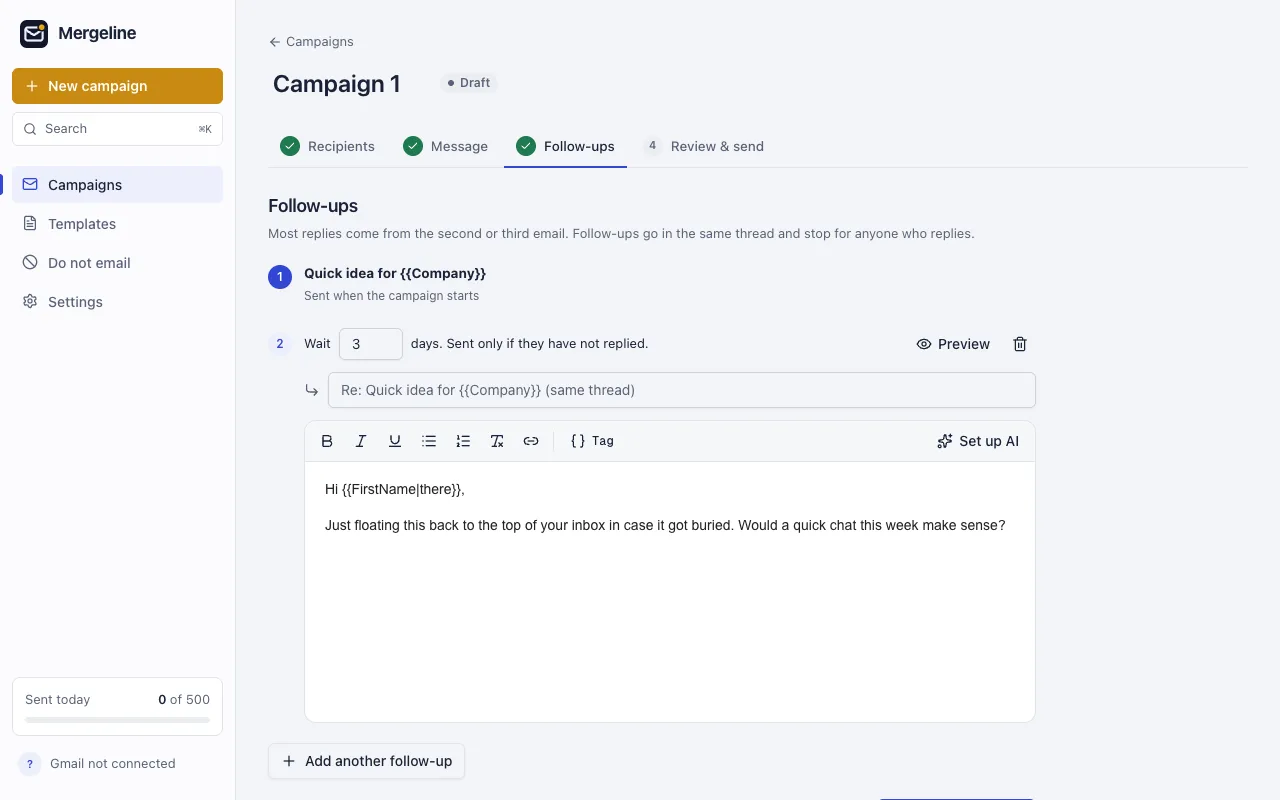 Mergeline follow-ups step: a follow-up set to send after 3 days only if the person has not replied