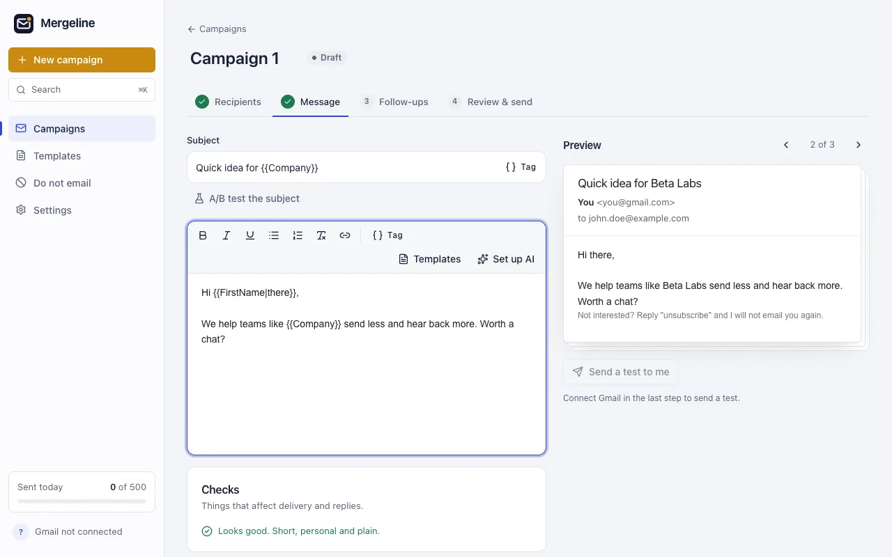 Mergeline message step: a template with merge tags next to a live preview of the email for John at Beta Labs