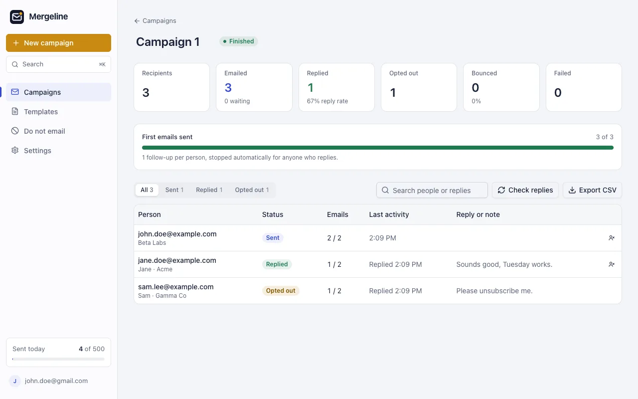 Mergeline campaign report: three people emailed, Jane replied “Sounds good, Tuesday works.” and Sam opted out